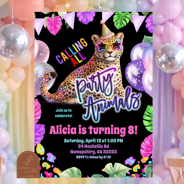 Neon Safari Leopard tween birthday invitation (Créateur téléchargé)