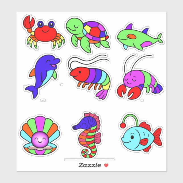 Neon Sea Creatures Sticker Pack – 9 Vibrant Underw (Feuille)