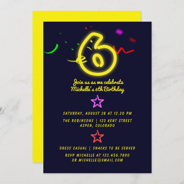 Neon signe sixième anniversaire fête Invitation (Devant / Derrière)