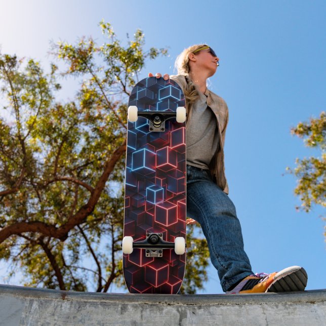Neon Skateboard - Minuit Navy Crimson 3D Cube  (Extérieur 1)