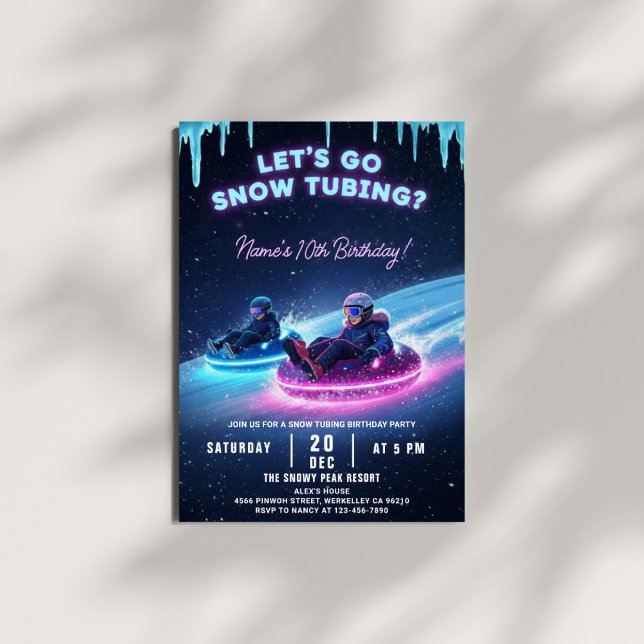 Neon Snow Tubing Birthday Invitation Winter Party (Créateur téléchargé)