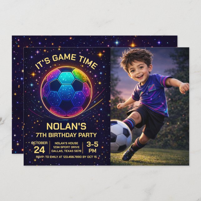 Neon Soccer Birthday Photo Invitation (Devant / Derrière)