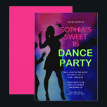Neon Sweet 16 Anniversaire Dance Party Invitation<br><div class="desc">Une invitation parfaite pour une soirée dansante sucrée 16 à thème club. Le texte vert néon est un contraste éclatant par rapport à l'arrière - plan sombre. Un graphique en silhouette d'adolescents qui dansent est l'accent parfait.</div>