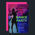 Neon Sweet 16 Anniversaire Dance Party Invitation<br><div class="desc">Une invitation parfaite pour une soirée dansante sucrée 16 à thème club. Le texte vert néon est un contraste éclatant par rapport à l'arrière - plan sombre. Un graphique en silhouette d'adolescents qui dansent est l'accent parfait.</div>
