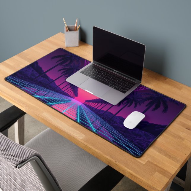 Neon Synthwave Grid Desk Mat - Retro 80s Gaming Mo (Bureau 2)