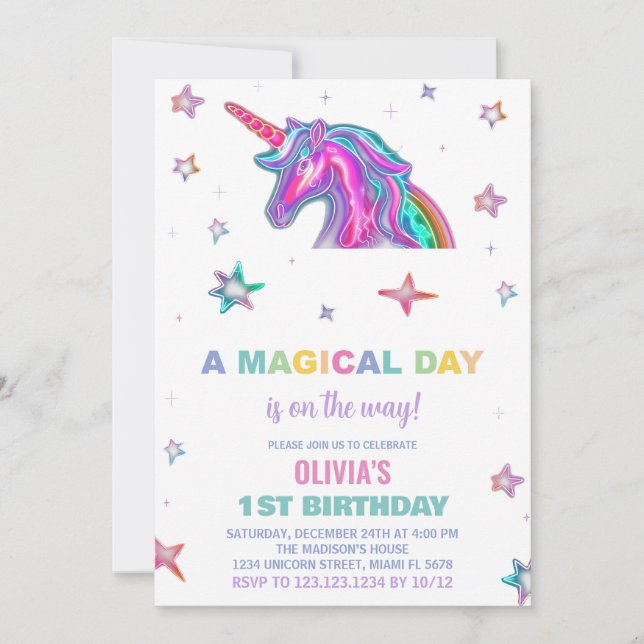 Neon Unicorn Invitations d'anniversaire (Devant)