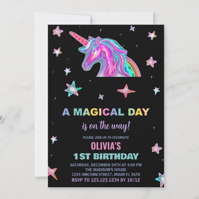 Neon Unicorn Invitations d'anniversaire (Devant)