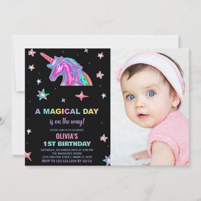 Neon Unicorn Invitations d'anniversaire avec photo (Devant)