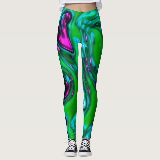 Neon vert et violet Liquide Leggings d'art Abstrai (Devant)
