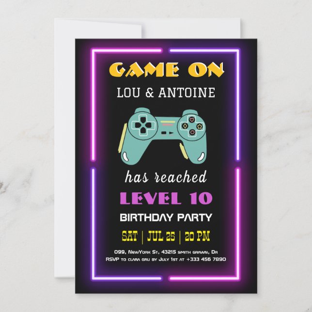 Neon Video Game Birthday Invitation (Devant)