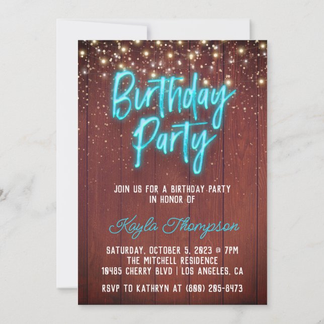 Neon Wooden Wall Anniversaire Fête Invitation (Dos)