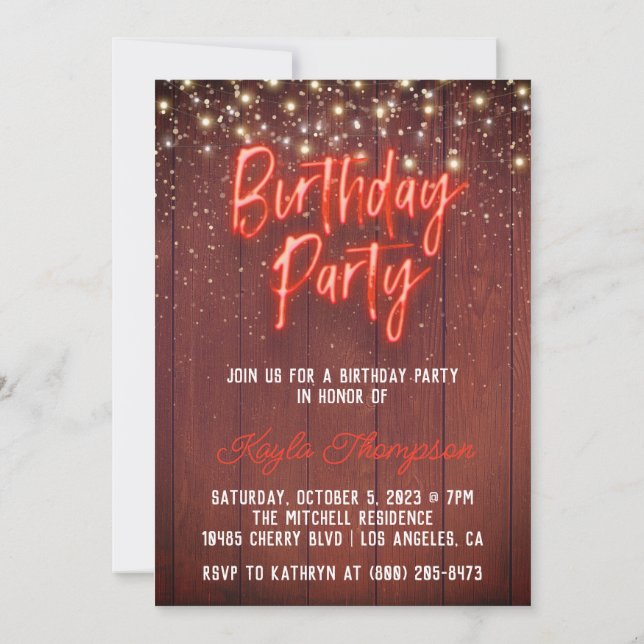 Neon Wooden Wall Anniversaire Fête Invitation (Dos)