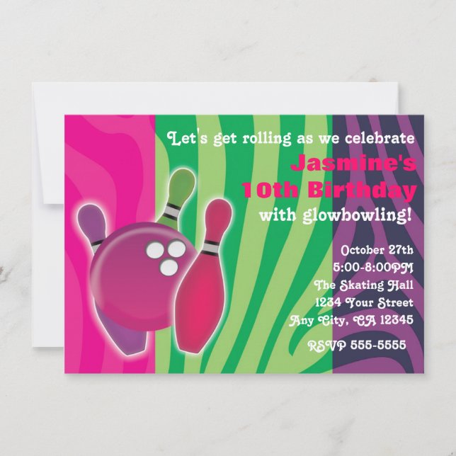 Neon Zebra Print Bowling Glow Bowl Invitation (Devant)