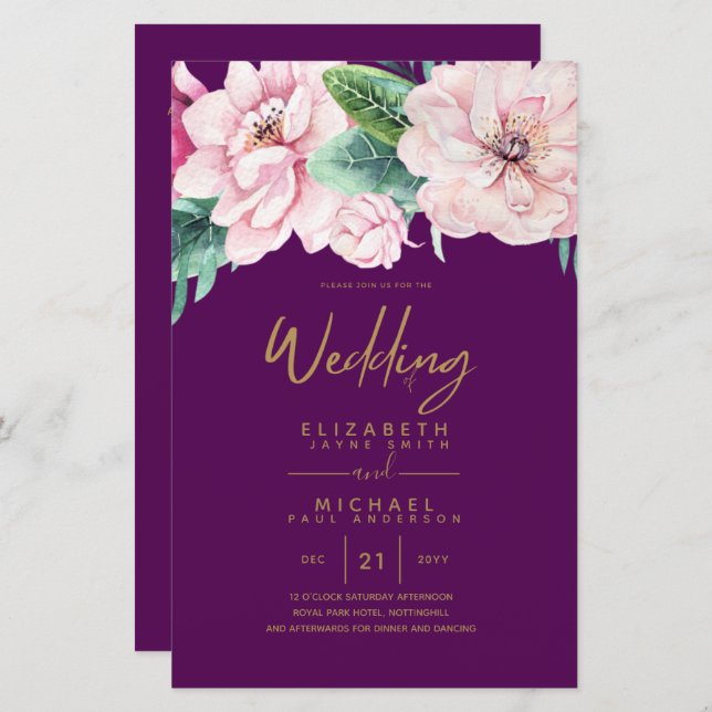 Netork Mariage à faible budget rose Invitations fl (Devant / Derrière)