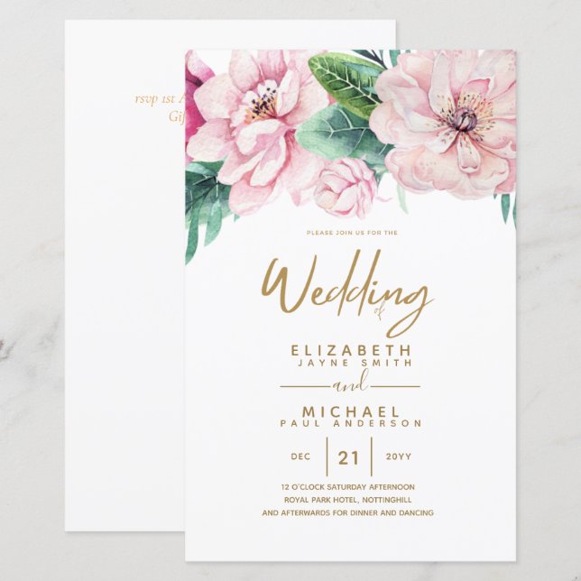 Netork Mariage à faible budget rose Invitations fl (Devant / Derrière)