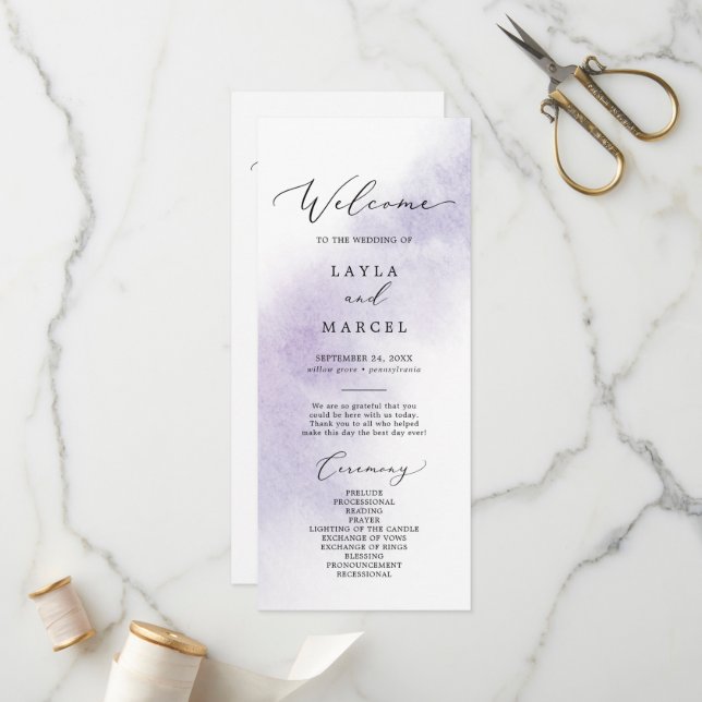 Nettoyage aquarelle | Programme de mariage violet (Devant/Arrière en situation)
