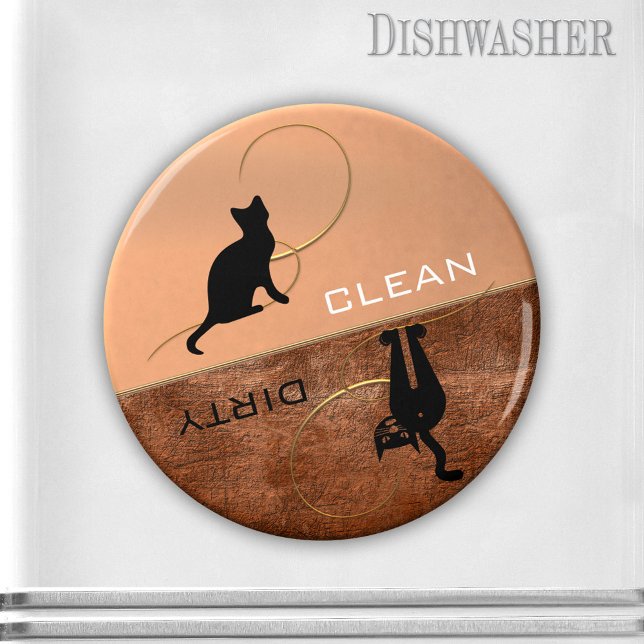 Nettoyer sale mignonne Kitty lave-vaisselle Magnet (Clean-dirty dishwasher magnet in rose gold metallic style with terra cotta and cute kitty silhouette)