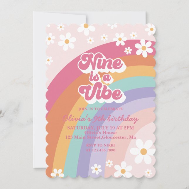 Neuf est Vibe Rainbow 9th Birthday Invitation (Devant)