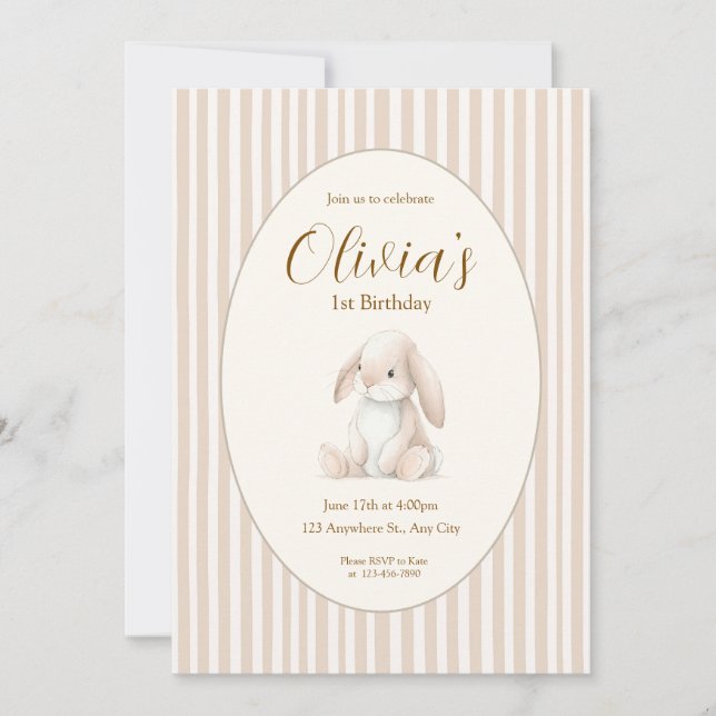 Neutral Baby's First Birthday Bunny Invitation (Devant)