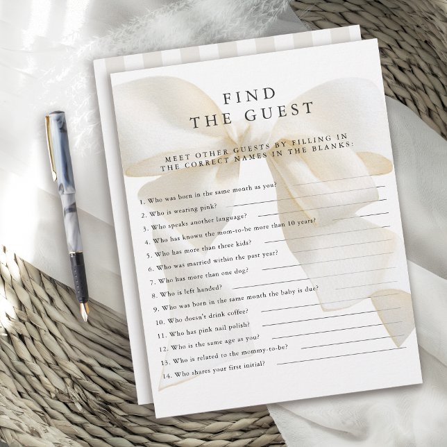 Neutral Ivory Bow Baby Shower Game Find the Guest (Créateur téléchargé)