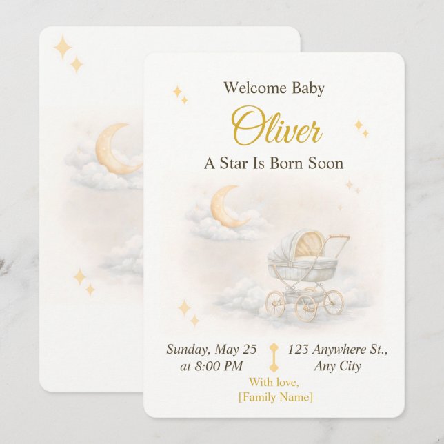 Neutral Moon Baby Shower Invitation Editable (Devant / Derrière)