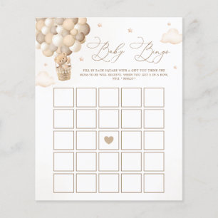 Neutral Teddy Bear Baby shower Bingo Jeu