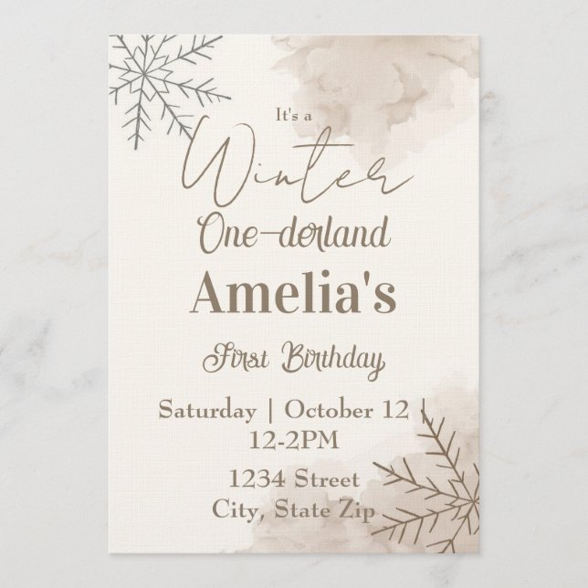 Neutral Winter First Birthday Invitation – Minimal (Devant)