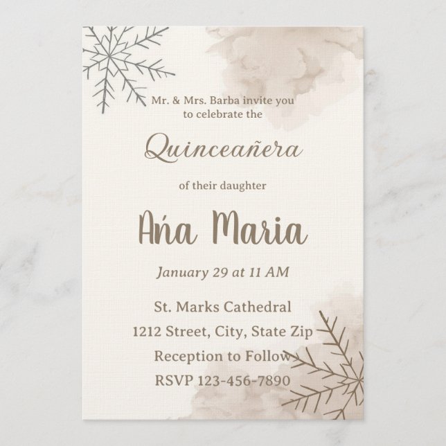 Neutral Winter Quinceañera Invitation – Minimalist (Devant)