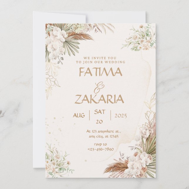 Neutre Bohème Floral Élégant Mariage Invitation (Devant)