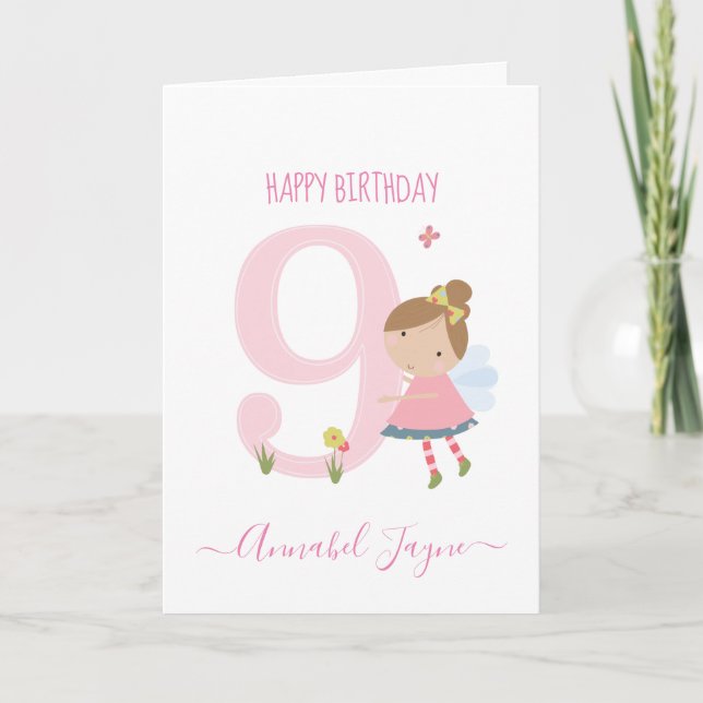 Neuvième anniversaire fée mignonne rose carte pers (Devant)