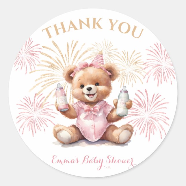 New Year Pink Bear Girl Baby Shower Sticker (Devant)