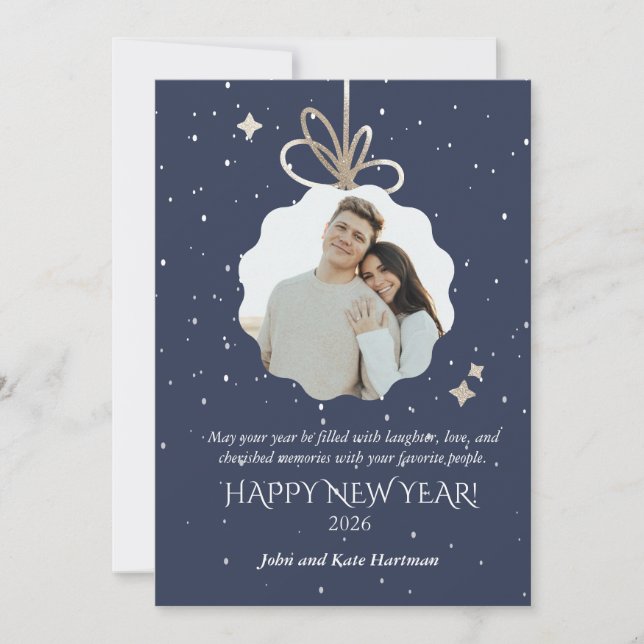 New Years Greeting Card with Photo Ornament (Devant)