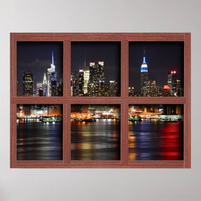 New York At Night - Redwood 4 Pane Window Poster (Devant)