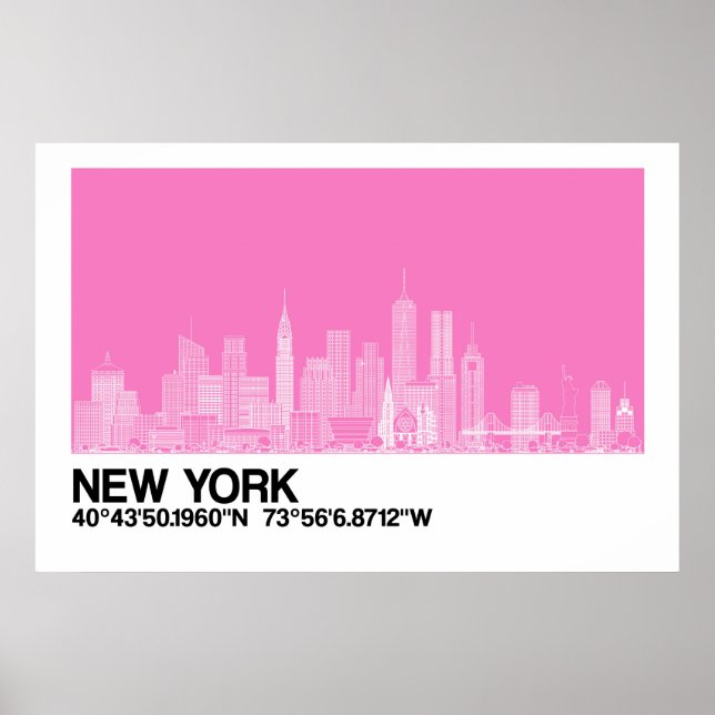 New York Skyline + Coordonnées en Poster rose (Devant)