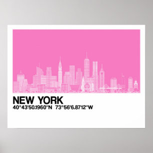 New York Skyline + Coordonnées en Poster rose