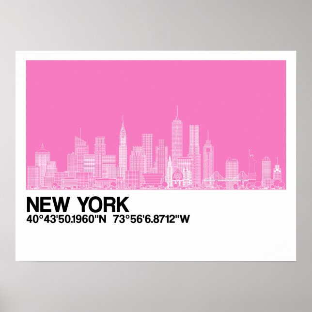 New York Skyline + Coordonnées en Poster rose (Devant)