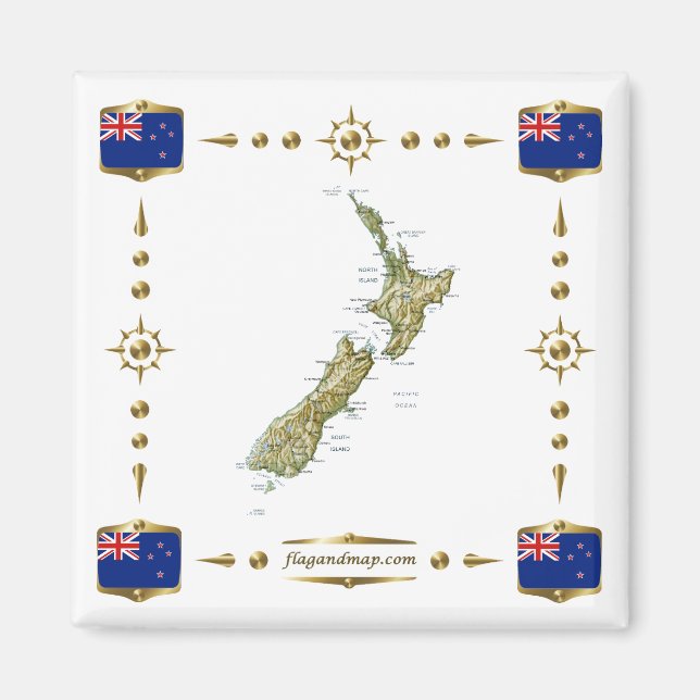New Zealand Map + Flags Magnet (Devant)