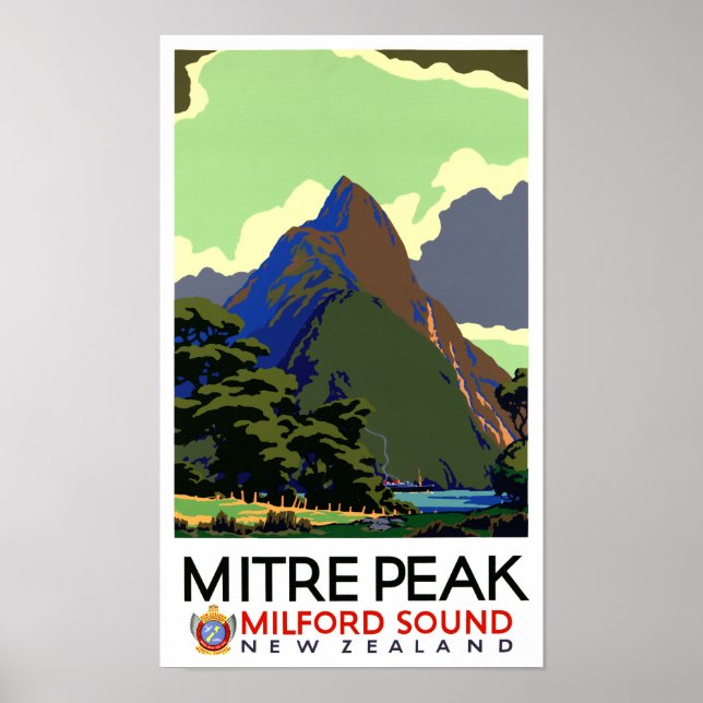 New Zealand Vintage Travel Poster Restored (Devant)