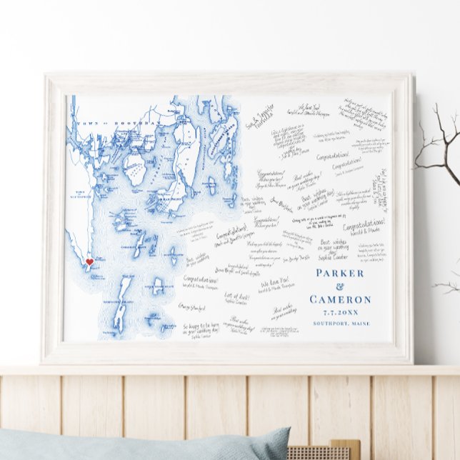 Newagen Southport Mariage Bleu Poster du livre d'o (Newagen Seaside Inn Wedding Alternative Guest Book Poster Boothbay Harbor Map by Coastal Map Designs)