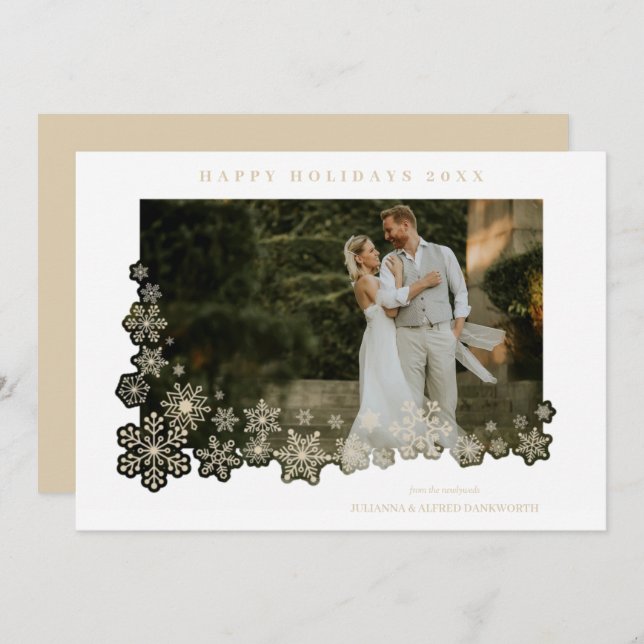 Newlyweds First Christmas Snowflakes Frame Photo (Devant / Derrière)