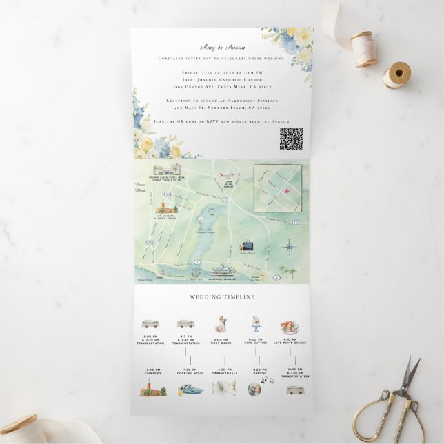 Newport Beach Watercolor Map Tri-Fold Invitation (Intérieur)