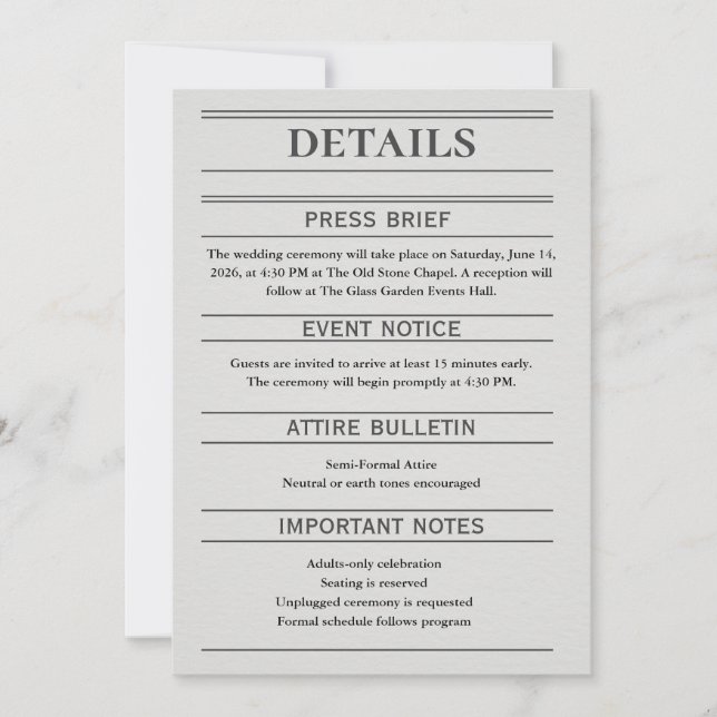 Newspaper-Style Wedding Details Card (Devant)
