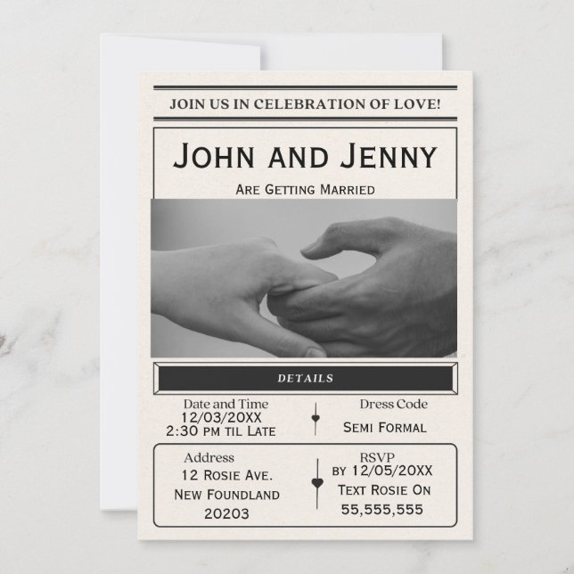 Newspaper-Style Wedding Invitation | Customisable  (Devant)