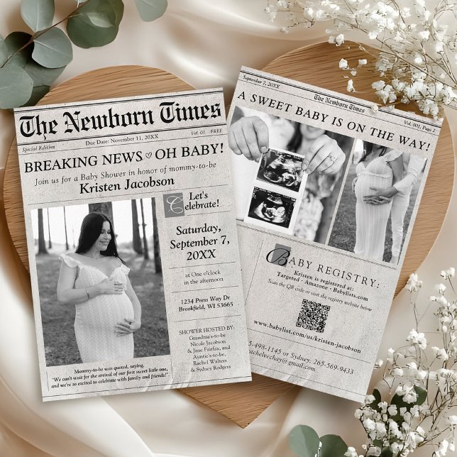 Newspaper Theme Photo Baby Shower Invitation (Cute modern The Newborn Times newspaper photo theme black and quite QR code baby shower invitation)