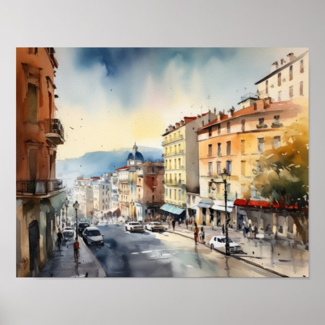Nice France Aquarelle Paysage Art Imprimer Poster (Devant)
