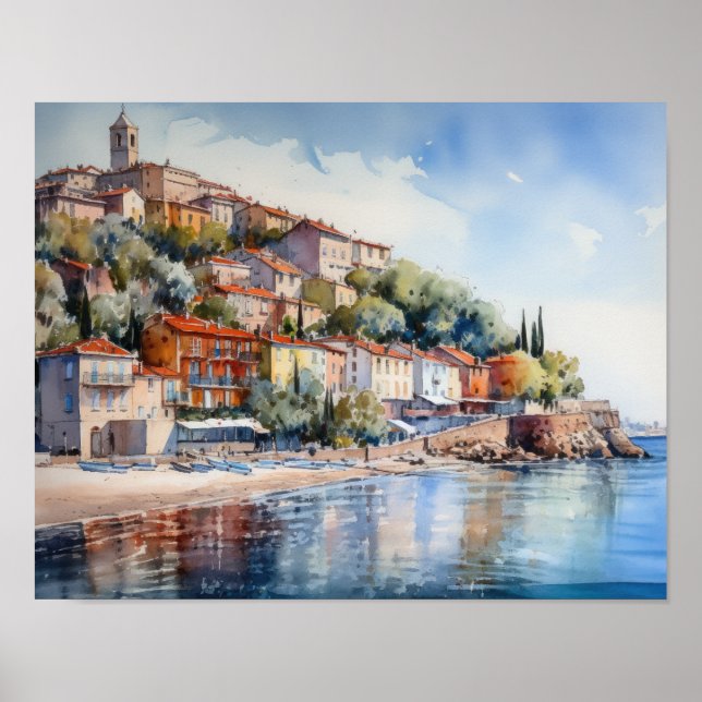 Nice France Aquarelle Paysage Art Imprimer Poster (Devant)