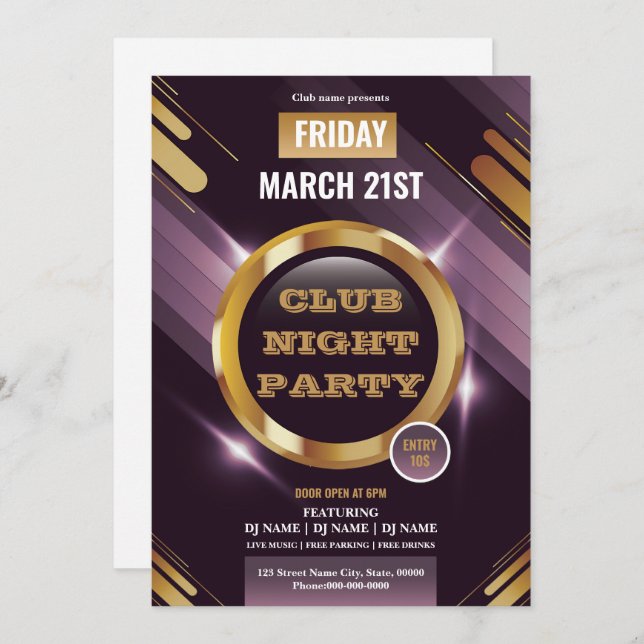 Night Club Party Invitation Template  (Devant / Derrière)