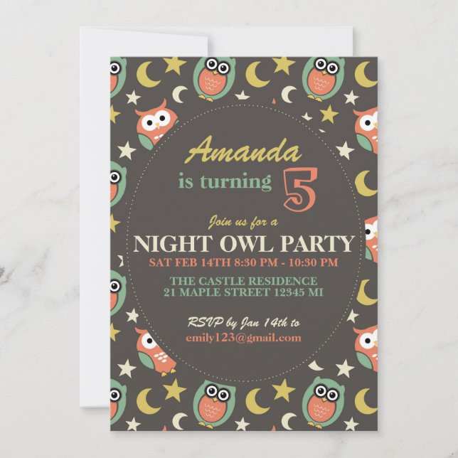 Night Owl Invitation de fête d'anniversaire pour l (Devant)