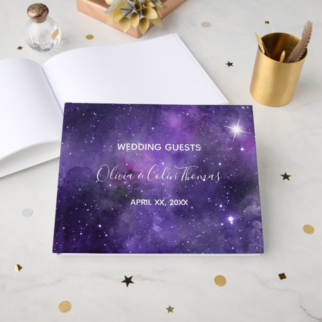 Night Sky Starlight Purple Mariage Livre d'invité (Recto ouvert)