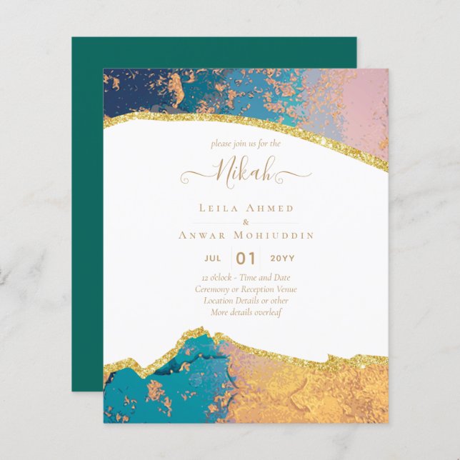 NIKAH - Agate Gold BUDGET Mariages Invitations (Devant / Derrière)